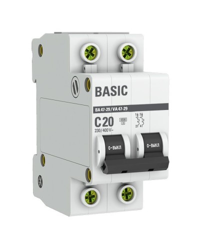 Автоматический выключатель 2P 20А (C) 4,5кА ВА 47-29 Basic (mcb4729-2-20C). Автоматический выключатель. EKF в Нижнем Тагиле