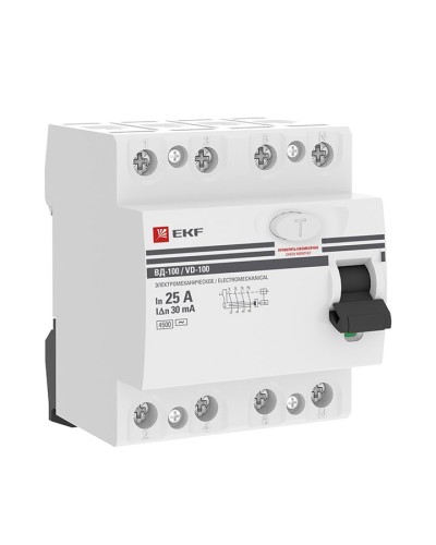 УЗО ВД-100 4P 25А 30мА тип AC эл-мех  PROxima (elcb-4-25-30-em-pro). Выключатель дифференциального тока (УЗО). EKF в Нижнем Тагиле