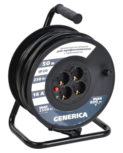 УК50 4 места 2P+PE, 50м GENERICA (WKP20-16-04-50-G). Удлинитель на катушке с термозащитой, 3х1,5кв.мм. IEK в Нижнем Тагиле
